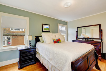 Aqua tone bedroom with wooden furniture