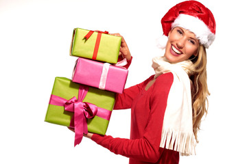 Christmas Santa hat  woman portrait hold christmas gift