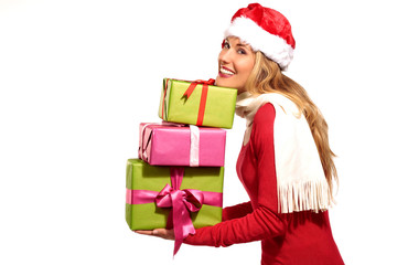 Christmas Santa hat  woman portrait hold christmas gift