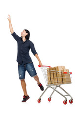 Man shopping with supermarket basket cart isolated on white