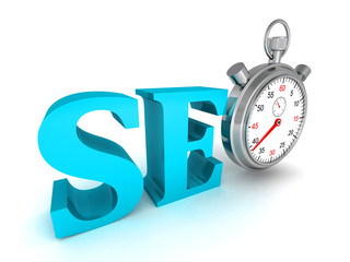 seo blue word and stopwatch on white background