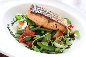 pan seared salmon steak with bean salad meal