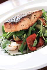 pan seared salmon steak with bean salad meal