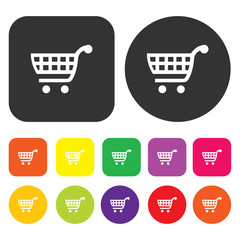 Shopping cart icon. eCommerce symbol. Round and rectangle colour
