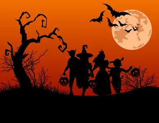 Gordijnen Halloween background with silhouettes of trick or treating child © Anna Velichkovsky