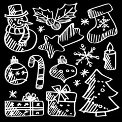 Christmas doodle icons set, chalk sketches, vector