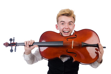 Funny man with violin on white