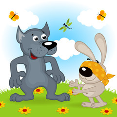 wolf and hare playing hide and seek - vector  illustration, eps