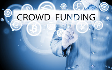 Businessman pushes virtual crowd funding button
