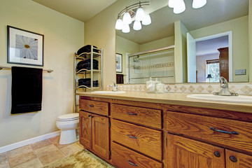 Bathroom wtih wooden vanity cabinet and mirror