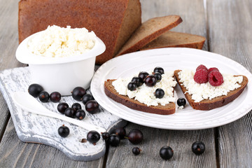 Bread with cottage cheese and berries on plate close-up