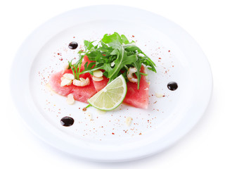 Salad with watermelon, feta, arugula, shrimps, balsamic sauce