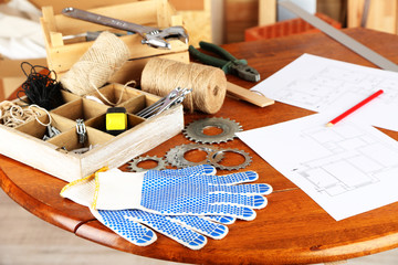 Working tools on table, in workshop