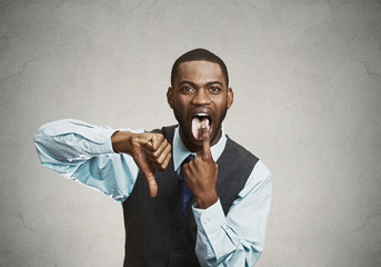 Angry executive displeased with situation, gesturing it sucks