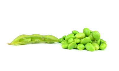 Green soybeans on white background