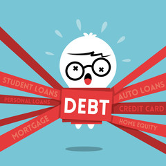 Debt concept illustration with a man wrapped up in red tape
