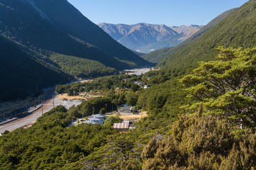Fototapeta na wymiar aerial view of Arthur's Pass village in New Zealand