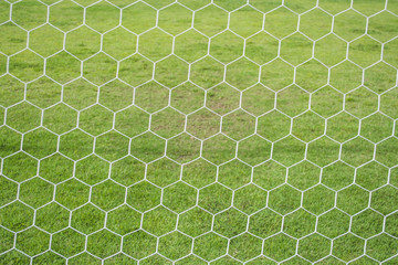 abstract soccer goal net pattern with green grass