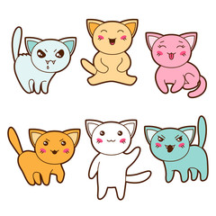 Set of kawaii cats with different facial expressions.