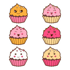 Set of kawaii cupcakess with different facial expressions.