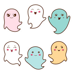 Set of kawaii ghosts with different facial expressions.