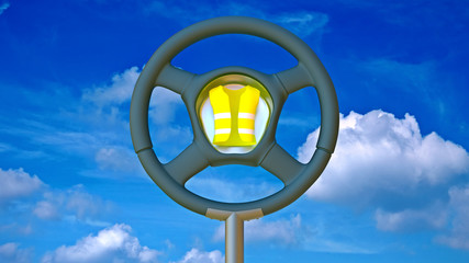 Steering wheel as a traffic sign with reflective vest