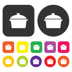 Pot icon. Kitchen symbol. Round and rectangle colourful 12 butto