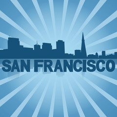San Francisco skyline reflected with blue sunburst illustration