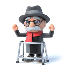 3d Grandpa with walking frame waves his arms in the air - 68057182