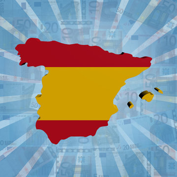 Spain map flag on euros sunburst illustration