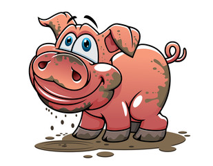 Fototapeta premium Cute little muddy cartoon pig