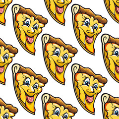 Seamless pattern of cheesy salami cartoon pizza slice