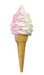 Strawberry and vanilla soft serve ice cream isolated on white.
