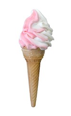 Strawberry and vanilla soft serve ice cream isolated on white.