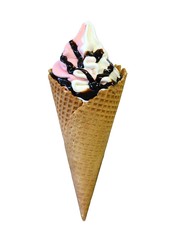 Soft serve ice cream with chocolate topping isolated on white.