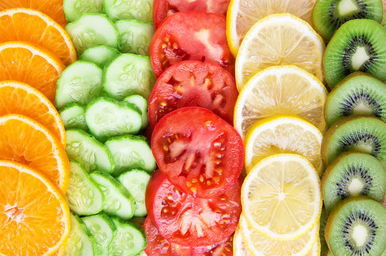 Collection of fruits and vegetables slices