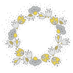 oliwkowe szare kwiaty i kropki ozdobny wieniec na białym tle