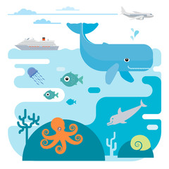 Vector flat illustration of sea and sea animals.