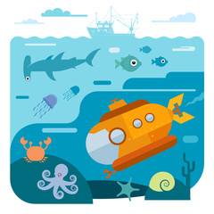 Fototapeta premium Flat vector illustration of underwater sea life