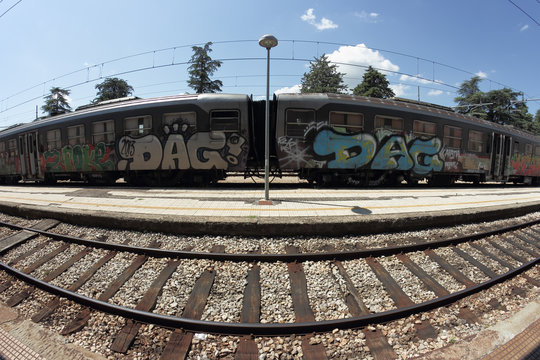 graffiti train in a fisheye view