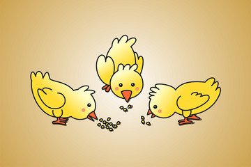 Pollitos comiendo maíz. Ilustración vectorial