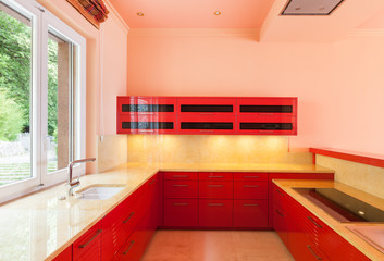red domestic kitchen