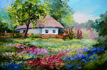 Fototapeta premium oil painting - house in the village