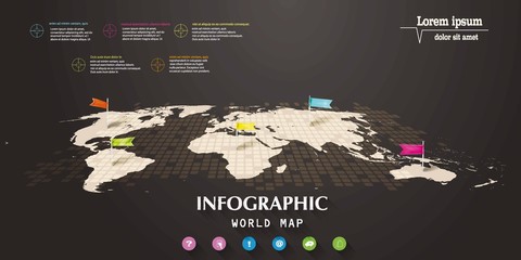 Infographic world map with flag-pointers and web icons