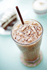 close up cold latte in big glass