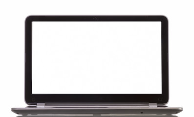 Front view of laptop with blank white screen on white