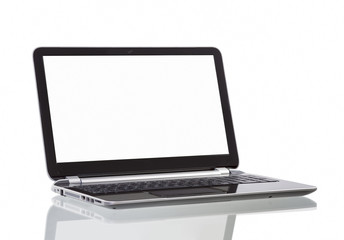 Laptop with blank white screen on white