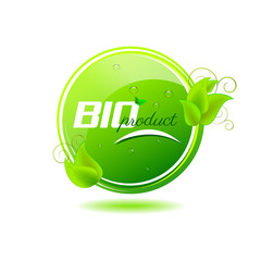Bio product button with green leaves and water drops