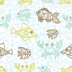 Doodle seamless pattern .Sea Life.Fish and crabs