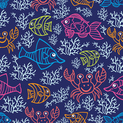 Fototapeta na wymiar Doodle seamless pattern .Sea Life.Fish and crabs